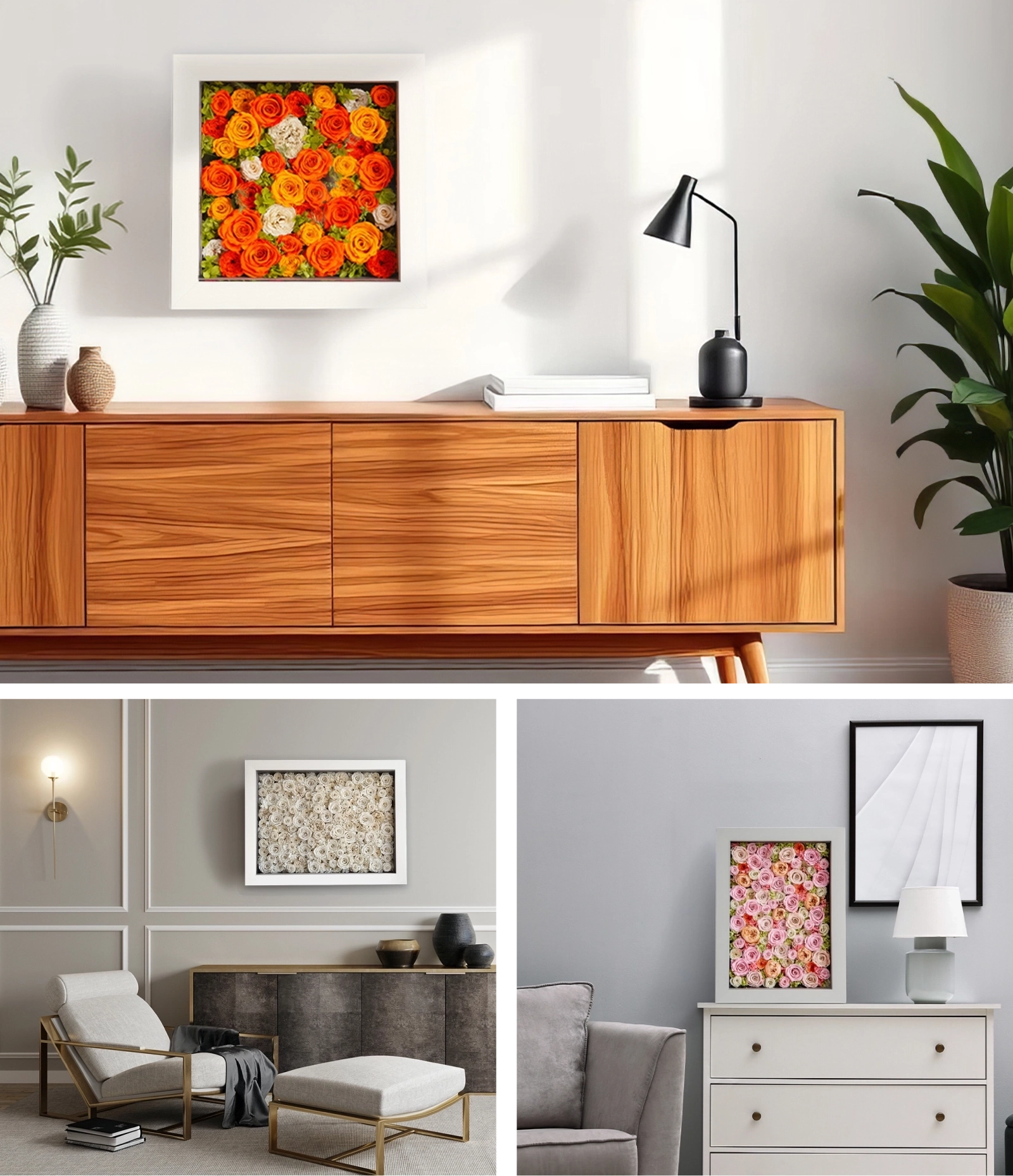 リビングに飾られた赤とオレンジのフラワーアート